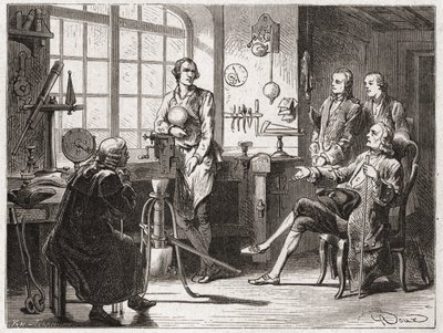 James Watt (höyrykoneen keksijä vuonna 1769) Glascow-liikkeessään - "" Album of Sciencessä; maineikkaat tiedemiehet; Suuria löytöjä””” 1896. tekijältä French School