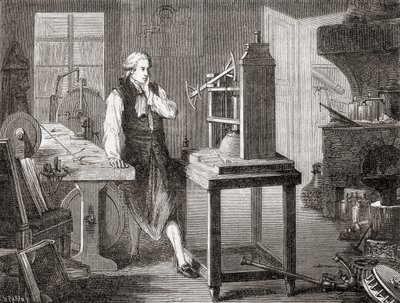 James Watt Glasgow-työpajassaan parantamassa Thomas Newcomenin vuoden 1712 Newcomen-höyrykonetta Watt-höyrykoneella vuonna 1781, Les Merveilles de la Science, pub.1870. tekijältä French School