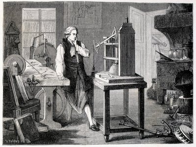 James Watt tutkii Newcomenin koneen täydellistämistä (1767) - "" Album of Sciencessa; maineikkaat tutkijat; Suuria löytöjä”” 1896. tekijältä French School