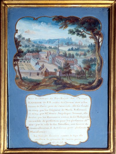Jansenismi "" Perspektiivikuva Port royal des champsin luostarista"". Näkymä Port-Royal-des-Champsin luostarille). Nimetön guassi 1700-luvulta. Port Royal, Musee Des Granges. tekijältä French School