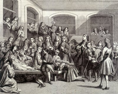 Jansenismi: Saint-Médardin hautausmaan kouristukset diakoni Parîsin (1690 - 1727) haudalla, jossa tapahtui "ihmeitä". 1700-luvun printti. tekijältä French School