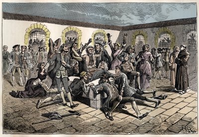 Jansenistinen kouristuskohtaus (tai Saint Medard) (Kouristusten teoksia) 1700-luvulla: "" Sairaat ja sairaat menevät Saint-Medardin hautausmaalle (jossa sijaitsee diakoni Francois Parisin hauta) ollakseen ihmeellisesti gueris" (Kouristuskäytännöt) - Con tekijältä French School