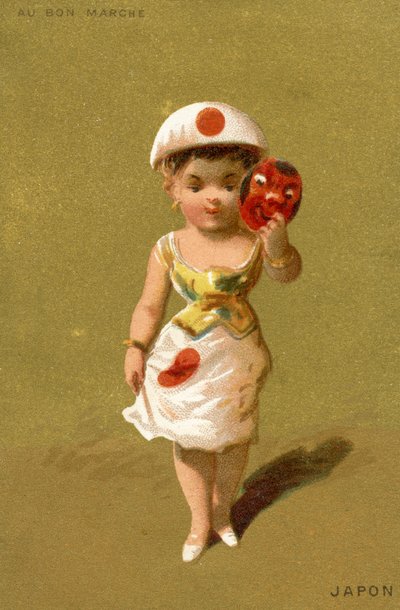 Japanilainen tyttö, eri maiden lasten kuvitussarjasta, valmistettu promokorteiksi Bon Marché-tavaratalolle Pariisissa, n. 1890 tekijältä French School