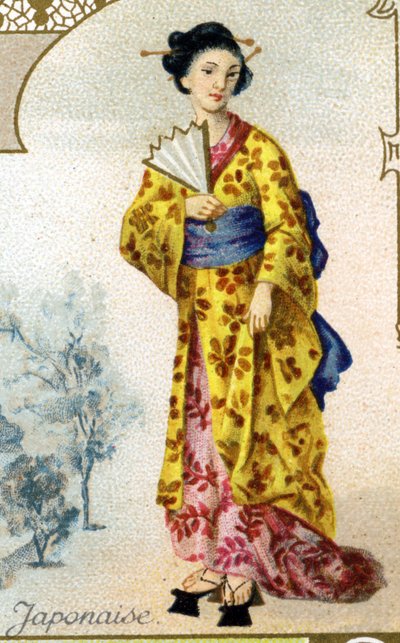 japanilainen nainen. Painos Pariisin litografia, 1800-luvun loppu. 25 mainoskromon sarja Dijonin keksien valmistukseen Pernot, luotu vuonna 1869. Yksityiskohta hahmoista perinteisissä puvuissa tekijältä French School
