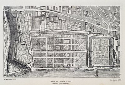 Jardin des Tuileries vuonna 1652 (Gomboustin suunnitelman mukaan) - "Pariisissa vuosisatojen ajan", kirjoittanut H. Gourdon de Genouillac, toim. F. Roy, Pariisi tekijältä French School