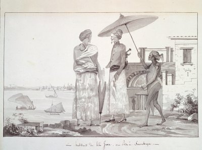 Jaavan saaren asukkaat matkalla Surabayaan, kuvitus matkasta maailman ympäri, Louis Isidore Duperrey, L F Lejeune tekijältä French School