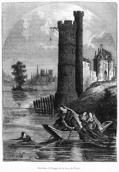 Jean Buridan pakenemassa Neslen tornista, 1800-luvun toinen puoli tekijältä French School