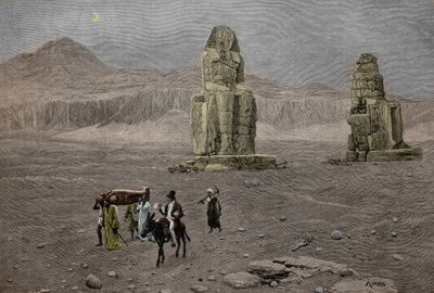 Jean Francois Champollion Memnonin kolosseilla Egyptissä (kaiverrus). tekijältä French School