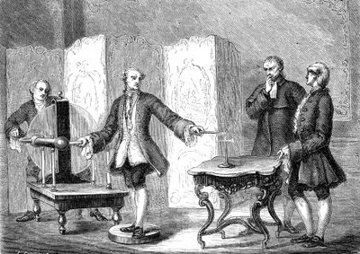 Jean JALLABERT (1712-1768), sveitsiläinen fyysikko, löytää sähköliitin terävistä esineistä (FRANKLINin Power of the Pointe). kaiverrus 1867 tekijältä French School