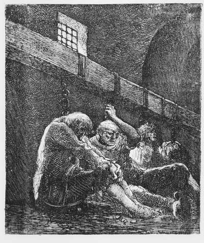 Jean Valjean vankilassa, kuvitus Les Miserablesista, Victor Hugo, 1865 tekijältä French School