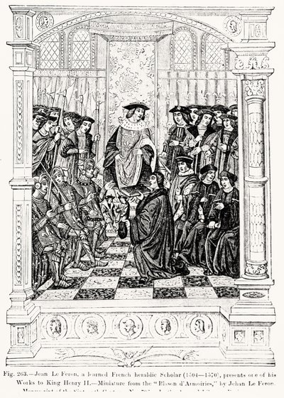 Jean le Feron (1504-70) esittelee yhden teoksistaan kuningas Henrik II:lle (1519-89) Blason dArmoiresista, Jean le Feron, kuvitus teoksesta Tiede ja kirjallisuus keskiajalla ja renessanssin kirjoitus. tekijältä French School