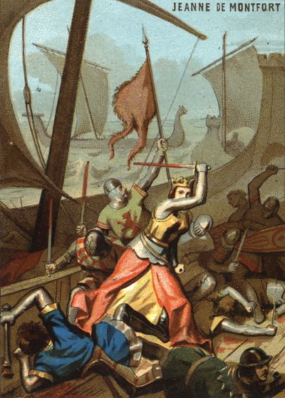 Jeanne de Montfort ja La Bretagne (1342): Jeanne de Montfort tuki meritaistelua Guernseyn lähellä. Kromolitografia sarjasta "" Isänmaallinen kasvatus kuvan kautta"". tekijältä French School