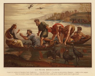 Jeesus Kristus ja kalojen ihmeellinen veto (chromolitho) tekijältä French School