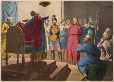 Jeesus Kristus ennen Kaifasta, kuvitus katekismuksesta LHistoire Sainte, julkaisija Charles Delagrave, Pariisi, 1800-luvun loppu tekijältä French School