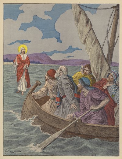 Jeesus Kristus kävelee vesillä (värilitografia) tekijältä French School