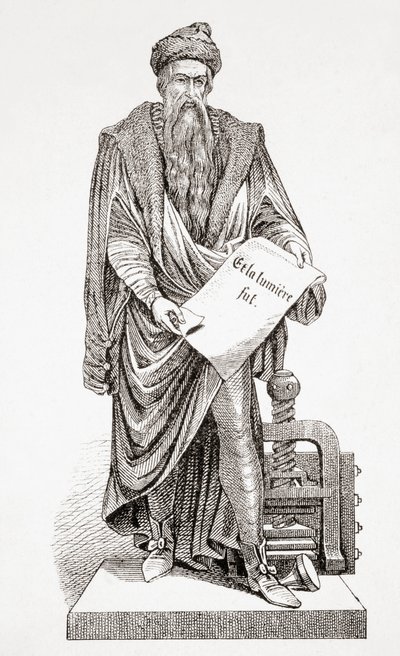 Johannes Gutenberg, muinaisesta ja modernista yleismaailmallisesta historiasta, julkaistu Strasbourgissa n. 1860 (kaiverrus) tekijältä French School