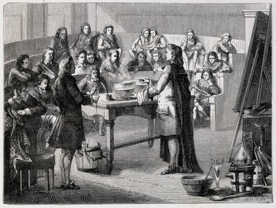 Joseph Black (1728 - 1799), brittiläinen kemisti ja fyysikko, kokee piilevän kalorin ennen Glascowin yliopiston opiskelijoita tekijältä French School