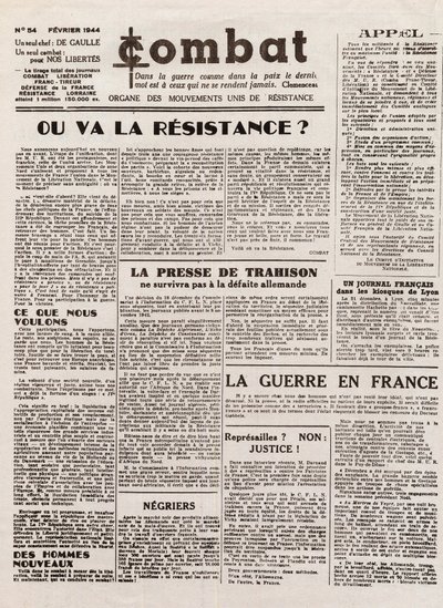 Lehti COMBAT - numero 54 - helmikuu 1944 - yhdistyneiden vastarintaliikkeiden elin. (salainen sanomalehti) - Minne vastarinta menee tekijältä French School