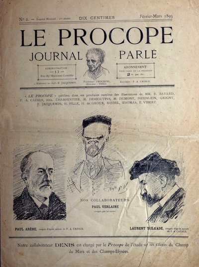 Journal du Proope, pariisilainen kahvila, helmikuu 1895: muotokuvia ranskalaisista runoilijoista Paul Verlainesta, Paul Arenesta ja Laurent Tailhadesta. tekijältä French School