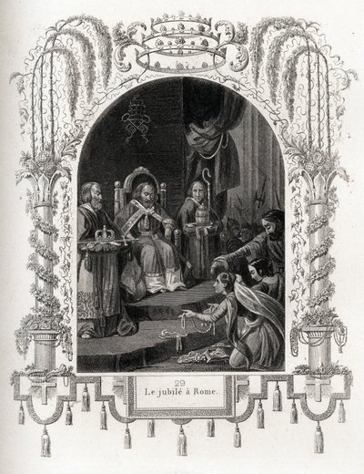 Juhlapäivä Roomassa vuonna 1450 Nikolai V:n (1447-1455) paavin aikana. Maurice Lachatren (1814-1900), Librairie du progress, Pariisin Histoire des Popes -teoksen havainnollistava kaiverrus. tekijältä French School