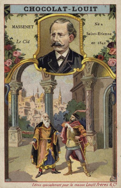 Jules Massenet, ranskalainen säveltäjä, ja kohtaus hänen oopperastaan Le Cid (kromoliittinen kuva) tekijältä French School
