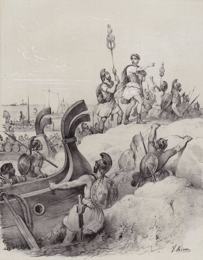 Julius Caesar ja roomalaiset laskeutuvat maihin Kentiin ensimmäisessä hyökkäyksessä Britanniaan, 55 eKr. (litho) tekijältä French School