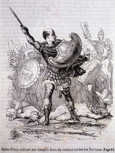 Julius Caesar kokoaa joukkonsa taisteluun Nervieniä vastaan - L.-P.:n "Histoire de France" -kirjassa. Anquetil tekijältä French School