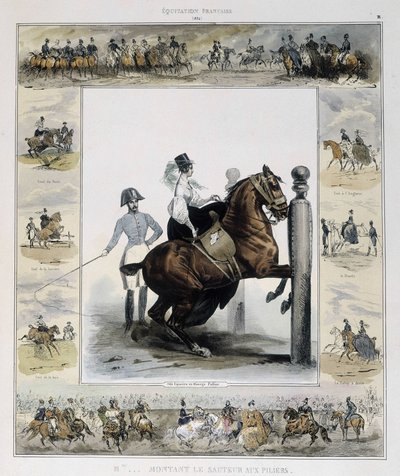 Hyppääminen Charles Aubryn teoksessa "Picturesque history of ancient and modern riding". tekijältä French School
