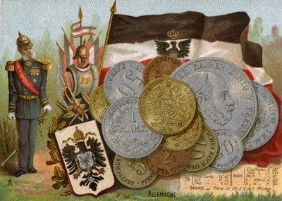 Keisari Wilhelm I seisoo Preussin kuningaskunnan lipun ja Saksan markkojen näytön vieressä, n. 1890 tekijältä French School