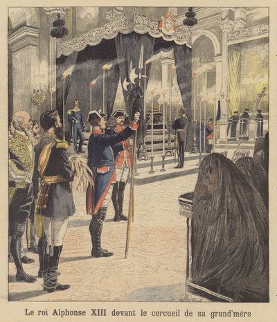 Espanjan kuningas Alfonso XIII isoäitinsä, kuningatar Isabella II:n arkun edessä (värilitro). tekijältä French School