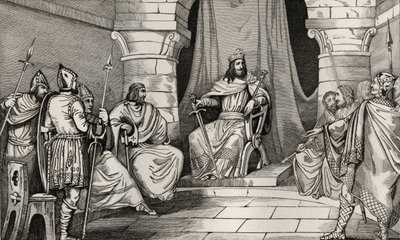 Kuningas Charibert (521-67) neuvostossa tuomarien kanssa, Colartin teoksesta "Histoire de France", julkaistu n. 1840 tekijältä French School