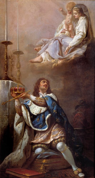 Kuningas Ludvig XIII tarjosi kruunuaan ranskalaisen koulun neitsytmaalaukselle. 1700-luvun Versailles. Versaillesin Neitsyt Marian kirkko tekijältä French School