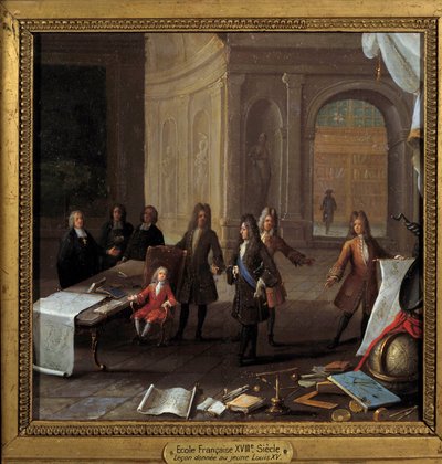 Kuningas Ludvig XV (1710-1774) lapsi saa lekonia kardinaali Fleuryn ja valtionhoitaja Philip II:n läsnäollessa Orleansin herttua (1674-1723) Nimetön maalaus 1700-luvulta, öljy kuparille Dim. 0,23 x 0,23 m Pariisi, Musee Carnavalet - Chi-opetuksen kohtaus tekijältä French School