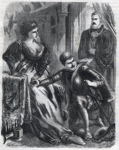 Kuningas Philip II (1527-1598) yllättää poikansa, prinssi Don Carlosin (1545-1568) yrittäessään loukata anoppiaan (äitipuolipuoli), kuningatar Elisabethia (1545-1568) (Ranskan Elisabeth tai Isabelle of Valois) , tammikuun 17 tekijältä French School