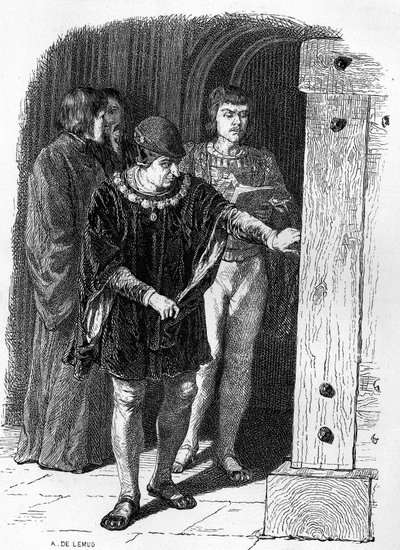 Ranskan kuningas Ludvig XI vierailemassa bastillen häkeissä. Victor Hugon kaiverrus "" Notre Dame de Paris -kirjaan". tekijältä French School