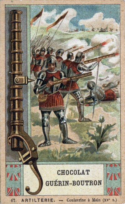 Ritari ohjaamassa käsisauvaa 1400-luvulta. Guérin-Boutron-suklaa 1800-luvun kromolitografia. tekijältä French School