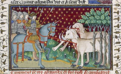 Ritarit hyökkäämässä norsuja vastaan, "Shrewsbury Talbot Book of Romances", n. 1445 (vellum) tekijältä French School
