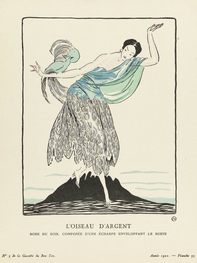 Hopealintu. La Gazette du Bon Ton -pubista peräisin oleva iltapuku, joka koostuu rintaa käärivästä huivista. 1914 (stensiiliprintti) tekijältä French School