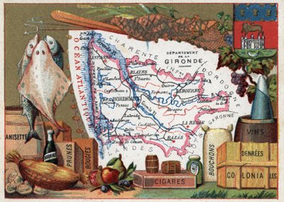 La Gironde (33), Aquitaine, Ranska. Paikallinen erikoisuus: kala, anisetti, Bordeaux-viini, luumut, kynttilät, sikarit, korkit ja siirtomaaruokaa. Sarja Ranskan departementeista. Kromolitografia (Chromo) "" maantieteellinen lanka"", noin 1920. Yksityinen k tekijältä French School