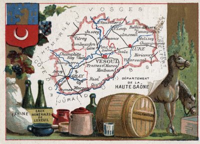 Haute-Saone (Haute Saone, 70), Franche Comte (Franche-Comte), Ranska. Jauhot, Luxeuil Minerales, kirschwasser (kirsch). Sarja Ranskan departementeista. Kromolitografia (Chromo) "" maantieteellinen lanka"", noin 1920. Yksityinen kokoelma. tekijältä French School