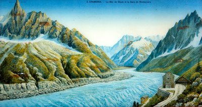 La Mer du Glace, Aiguille du Dru ja Montanversin asema, n. 1900 (värillinen valokuva) tekijältä French School