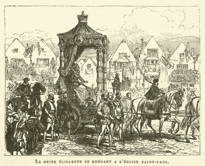 Kuningatar Elisabeth menossa Pyhän Paavalin kirkkoon (kaiverrus) tekijältä French School