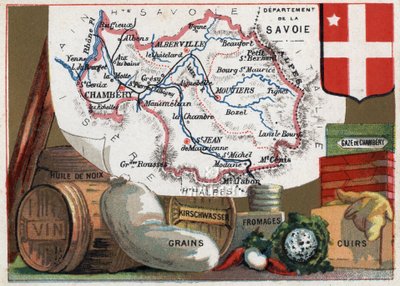 La Savoie (73), Rhône Alpes (Rhône-Alpes), Ranska. Sarja Ranskan departementeista. Paikallinen erikoisuus: saksanpähkinäöljy, viini, jyvät, kirschwasser (kirsch), juusto, kammiomainen sideharso ja nahka. Kromolitografia (Chromo) "" maantieteellinen lanka"" tekijältä French School