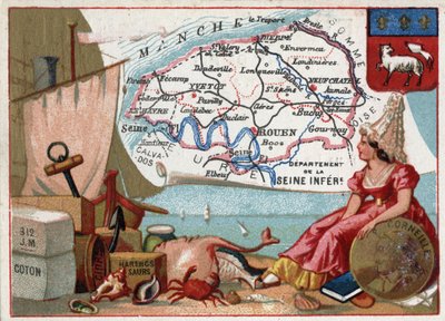 La Seine Inferieure, nyt Seine Maritime (76), Haute Normandy (Haute-Normandie), Ranska. Paikallisia erikoisuuksia: puuvilla, siideri, silli. Pierre Corneillen (1606-1684), ranskalaisen näytelmäkirjailijan muotokuva. Sarja Ranskan departementeista. Kromolit tekijältä French School
