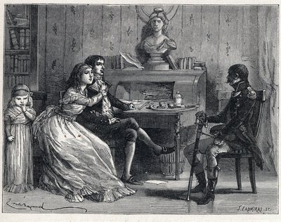 La Terreur Ranskan vallankumouksen aikana: Camille Desmoulins (1760-1794), vangittu, sai vaimonsa Lucilen (1770-1794) ja marekaalin Guillaume Brunen (1763-1815) vierailun tekijältä French School