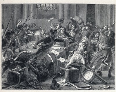 La Terreur Ranskan vallankumouksen aikana: Maximilian de Robespierren (1758-1794) pidätys ja hänen kannattajansa tapasivat uudelleen Hotel de Ville de Parisissa 9. Thermidorin vuosi II (27. heinäkuuta 1794). Keskellä santarmi ampui pistoolilla Robespierrea tekijältä French School