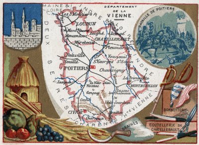 La Vienne (86), Poitou-Charentes (Poitou Charentes), Ranska. Siemenet, Chatellerault-aterimet ja sukat. Sarja Ranskan departementeista. Kromolitografia (Chromo) "" maantieteellinen lanka"", noin 1920. Yksityinen kokoelma. tekijältä French School