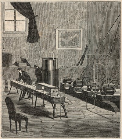 La liquefaction des gaz dans le laboratoire de Raoul Pictet (1878) - Raoul Pierre Pictet (1846-1929) sveitsiläinen fyysikko, suorittaa kokeen vetykaasun nesteyttämiseksi ja kiinteyttämiseksi ja tutki aineiden ominaisuuksia alhaisissa lämpötiloissa - Kaiver tekijältä French School