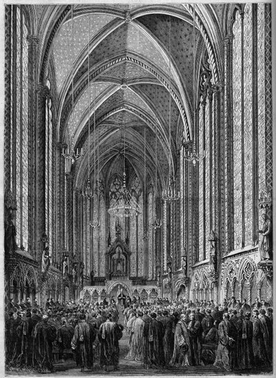 Pyhän Hengen messu, vietetty Sainte Chapellessa Pariisissa tuomarin paluun yhteydessä, 3. marraskuuta 1863. Kaiverrus ""Le Monde Illustre" -julkaisussa n°343 7.11.1863. tekijältä French School