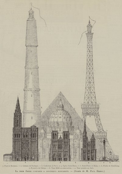 La tour Eiffel comparee a differents monuments (kaiverrus) (kaiverrus) tekijältä French School